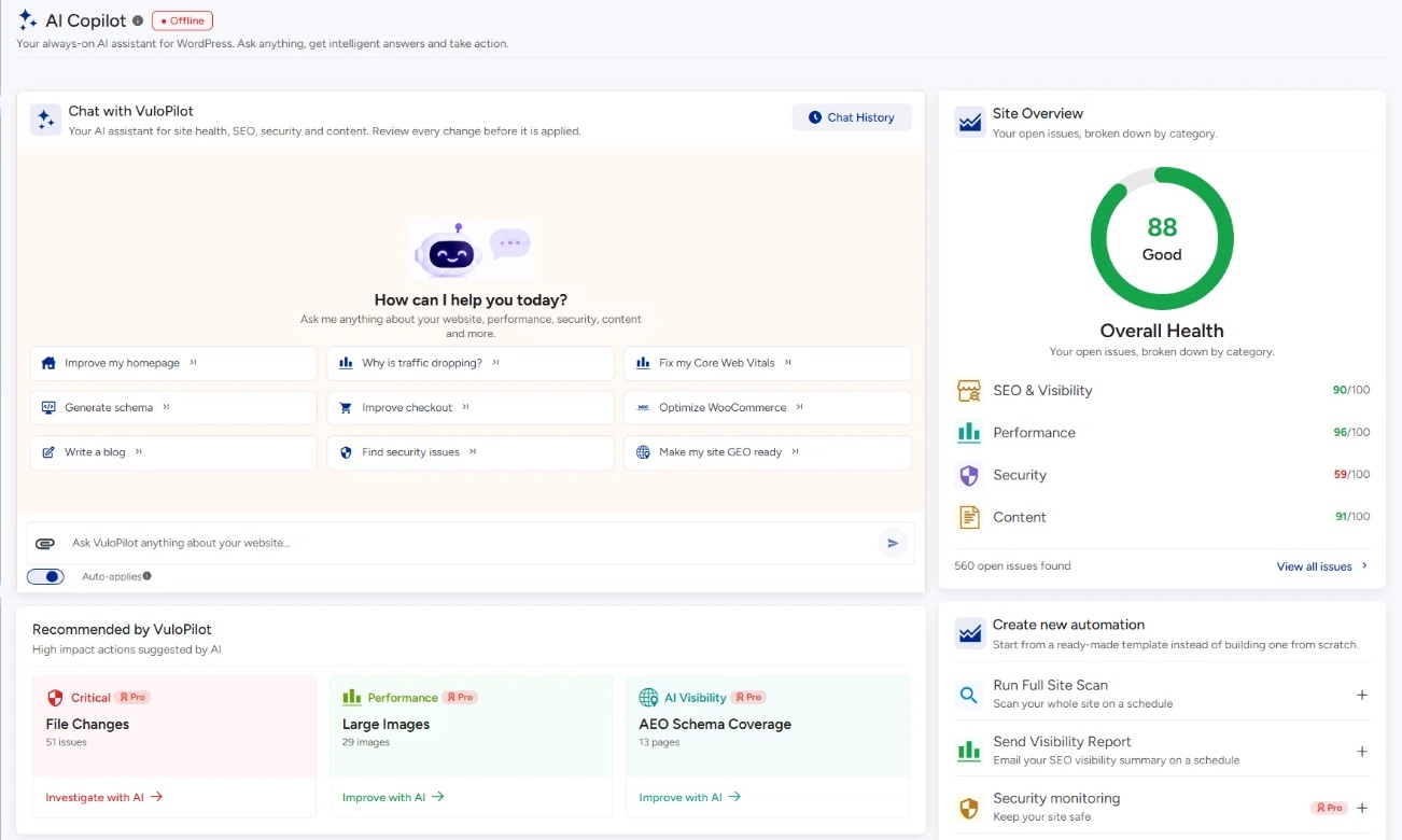 VuloPilot AI Copilot chat with suggested prompts and recommended actions